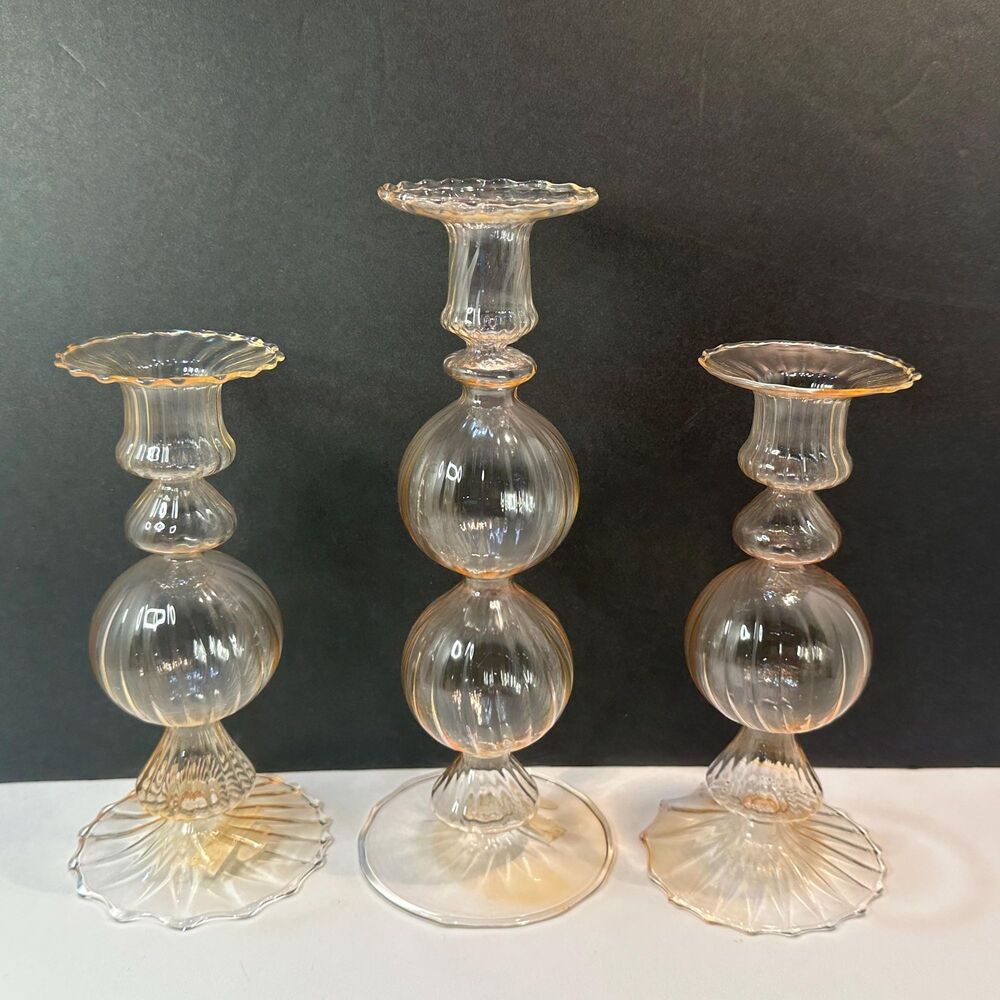 Pale Pink Optic Swirl & Ball Thin Glass Taper Candlestick Holders - Murano Style